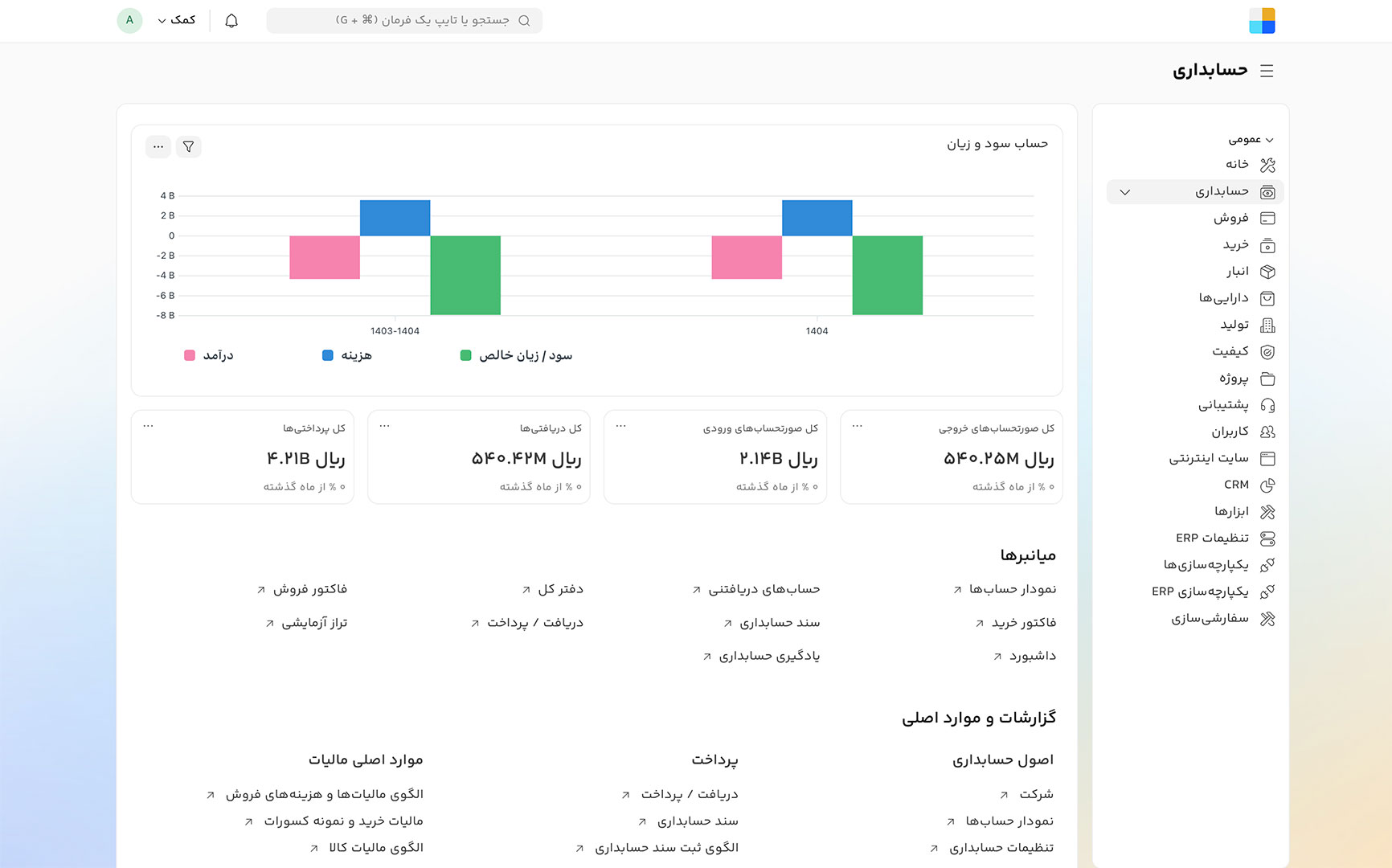 نمایی از ماژول حسابداری نرم افزار چارچوب